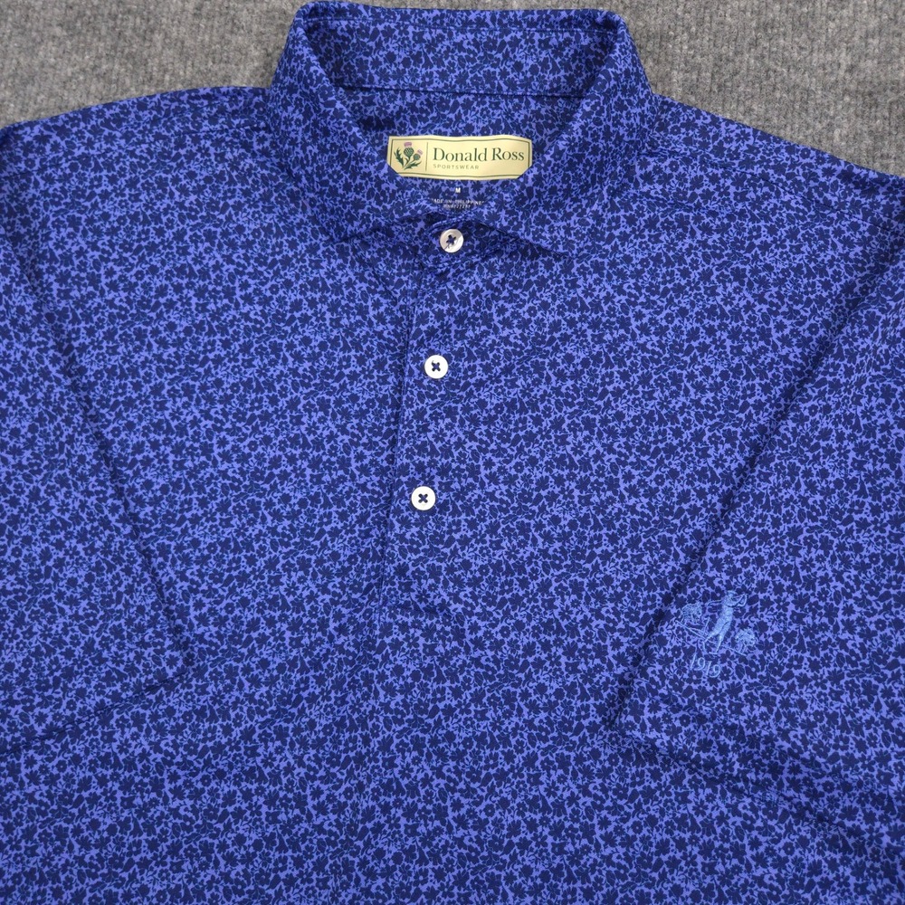 Donald Ross Polo Shirt Mens M Blue Floral AOP Performance Golf Midland Hills CC